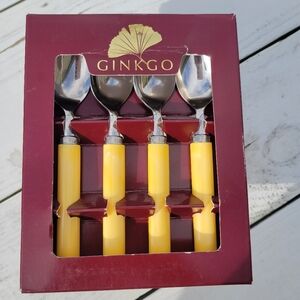 Yellow Dessert Teaspoon Set Yellow Pearlescent Handles ~ Ginkgo ~ Original Box
